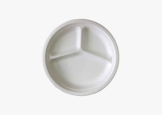 泰國(guó)工廠(chǎng)大量現(xiàn)貨供應(yīng)：紙漿模塑餐具; 10寸三格圓盤(pán)